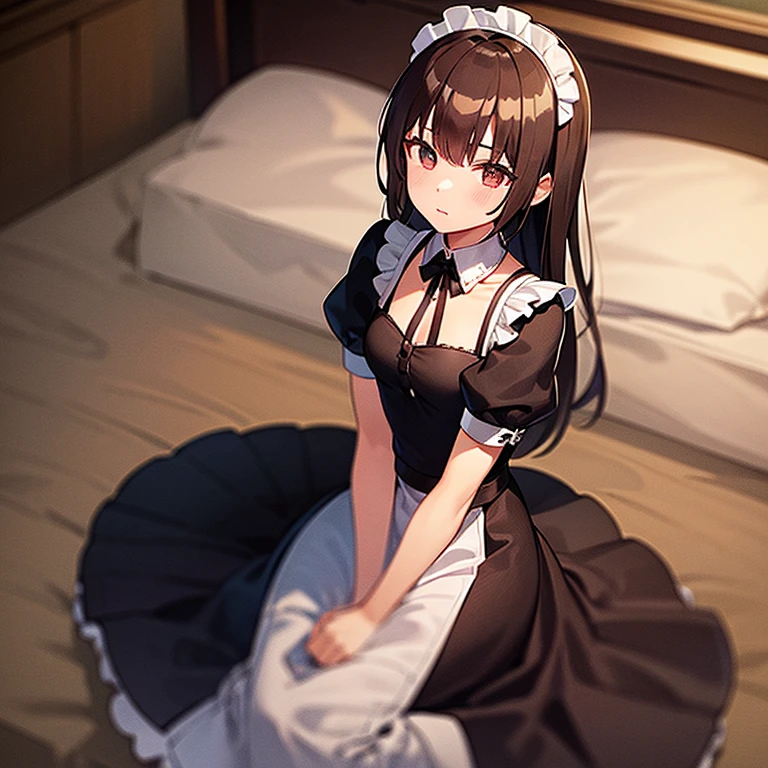 1girl, young beautiful girl, ulutra detailed, best quality, detailed face, deep detailed eyes, sparkling eyes, (shiny brown beautiful eyes with reflections), shiny-black hair, French maid, maid dress, mini skirt, knee-high socks, maid headdress, full body, large breast, shoot from above, looking at viewer, (blush:1.1), gothic room, sofa,
