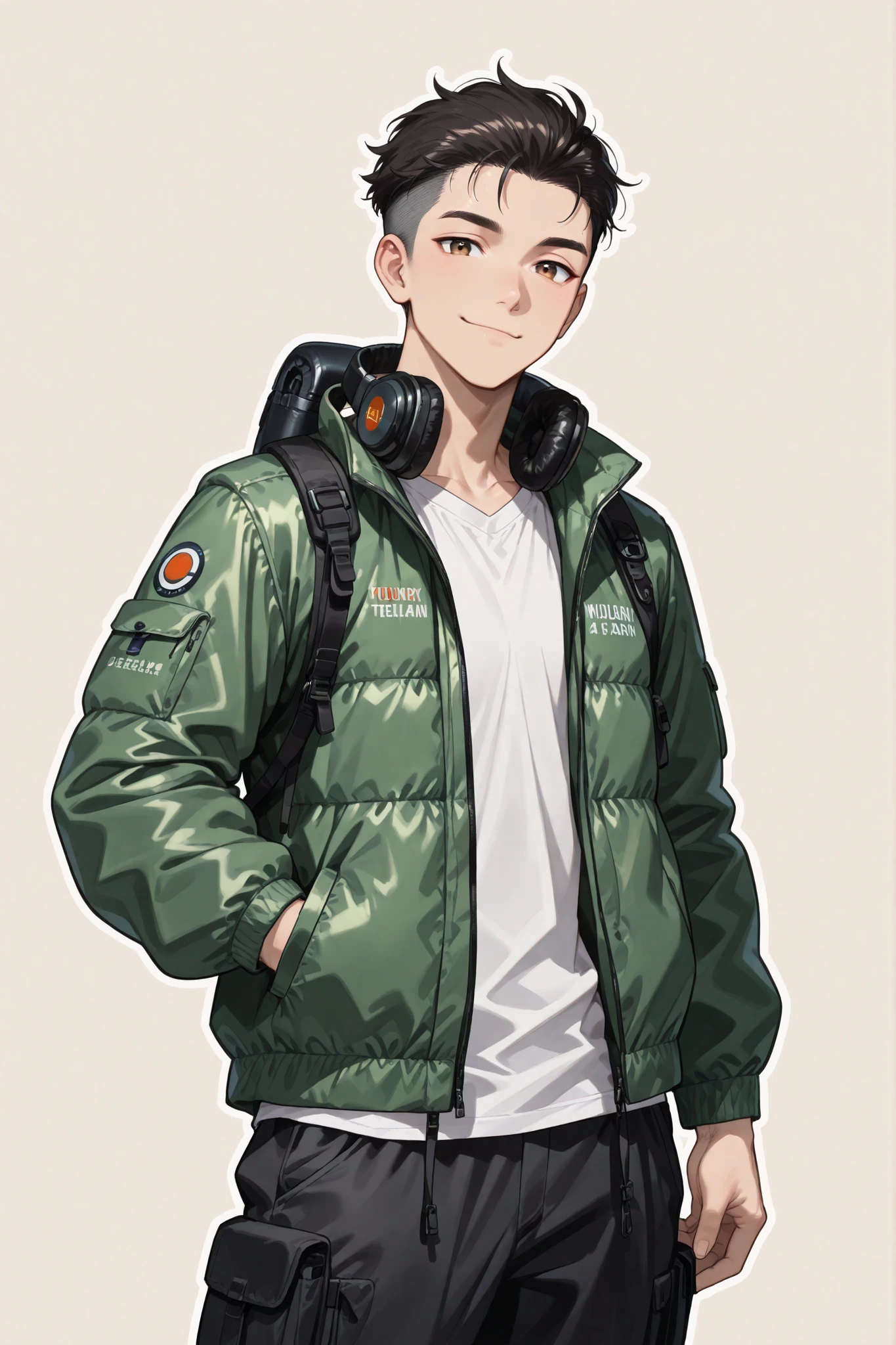 (masterpiece), best quality, expressive eyes, perfect face,1 boy, short hairs, black hairs, brown eyes, looking at viewer, cowboy shot, serious, (( young man, male, short hairs, asian boy)), (( wearing white shirt, trekking jacket, black cargo pants, trekking gear, headphones on neck)), (((very short hairs, smiling with closed mouth))), (plain background), semi realistic, Balletcore, white outline