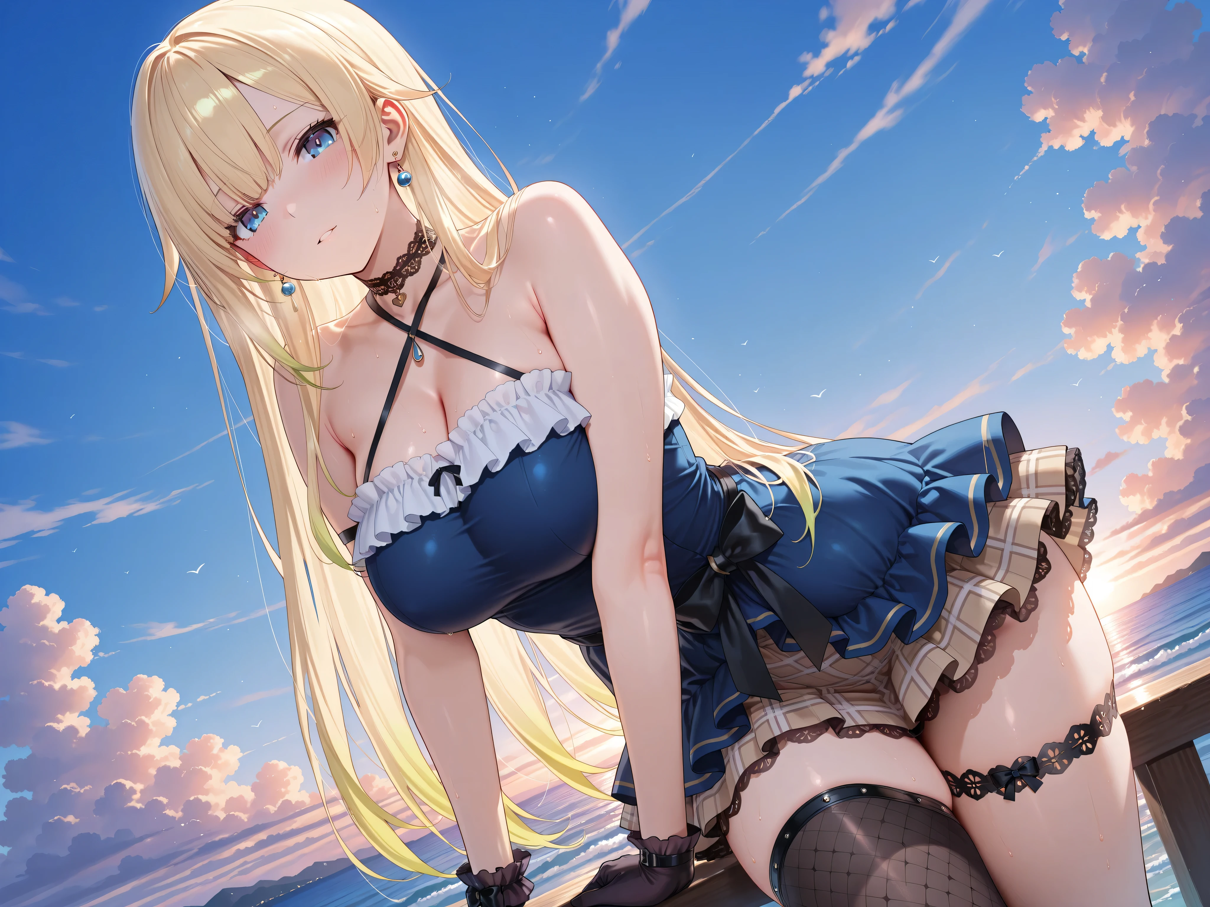 ((table top, highest quallity, high resolution, nffsw, pixel perfect, 4K, nffsw, nffsw))), 1 girl, Solteiro, standing alone, Beautiful woman、I could see the whole body、 ((mid wave hair, bangss, hair blonde)), ((blue colored eyes, Beautiful eyelashes, realisitic eyes)), ((face detailed, blush:1.2)), ((smooth texture:0.75, realisitic texture:0.65, realisitic:1.1, anime CG style)), medium breasts, dynamic angle, perfectbody, ((Red bow tie, , breasts bare, Very small black skirt without panties)), city stairs、leaning on the stairs、Very embarrassing panic smile, looked back、Lean forward、(The wind blew my skirt and exposed my ass and shapely vagina.、showing off her beautiful ass and vagina without panties)