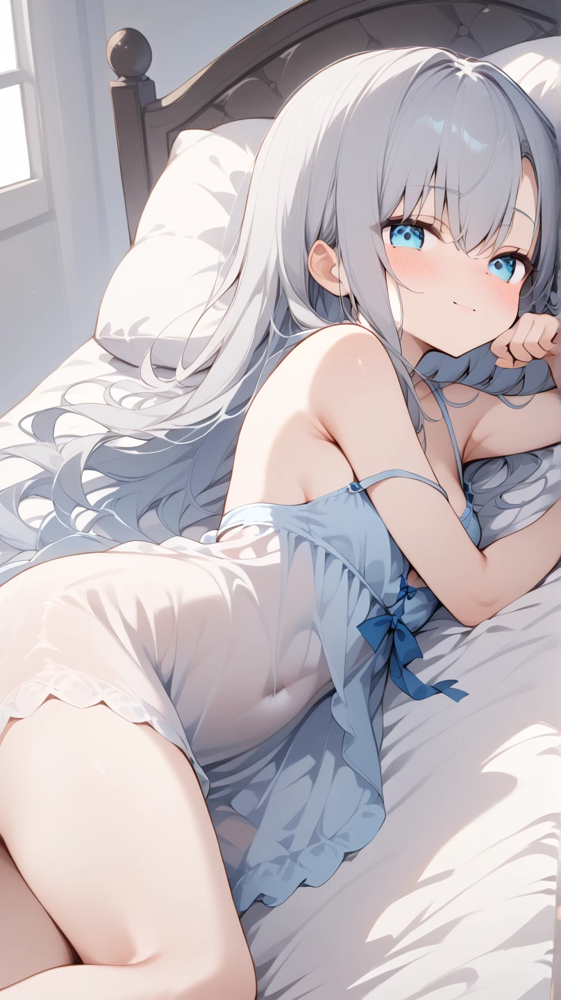 Anime girl, beautiful blue eyes, long white hair, cat ears, in a blue shark onesie, laying on a bed, good anatomy, bare legs, cute, in a beautifully decorated room, 8k, high resolution
