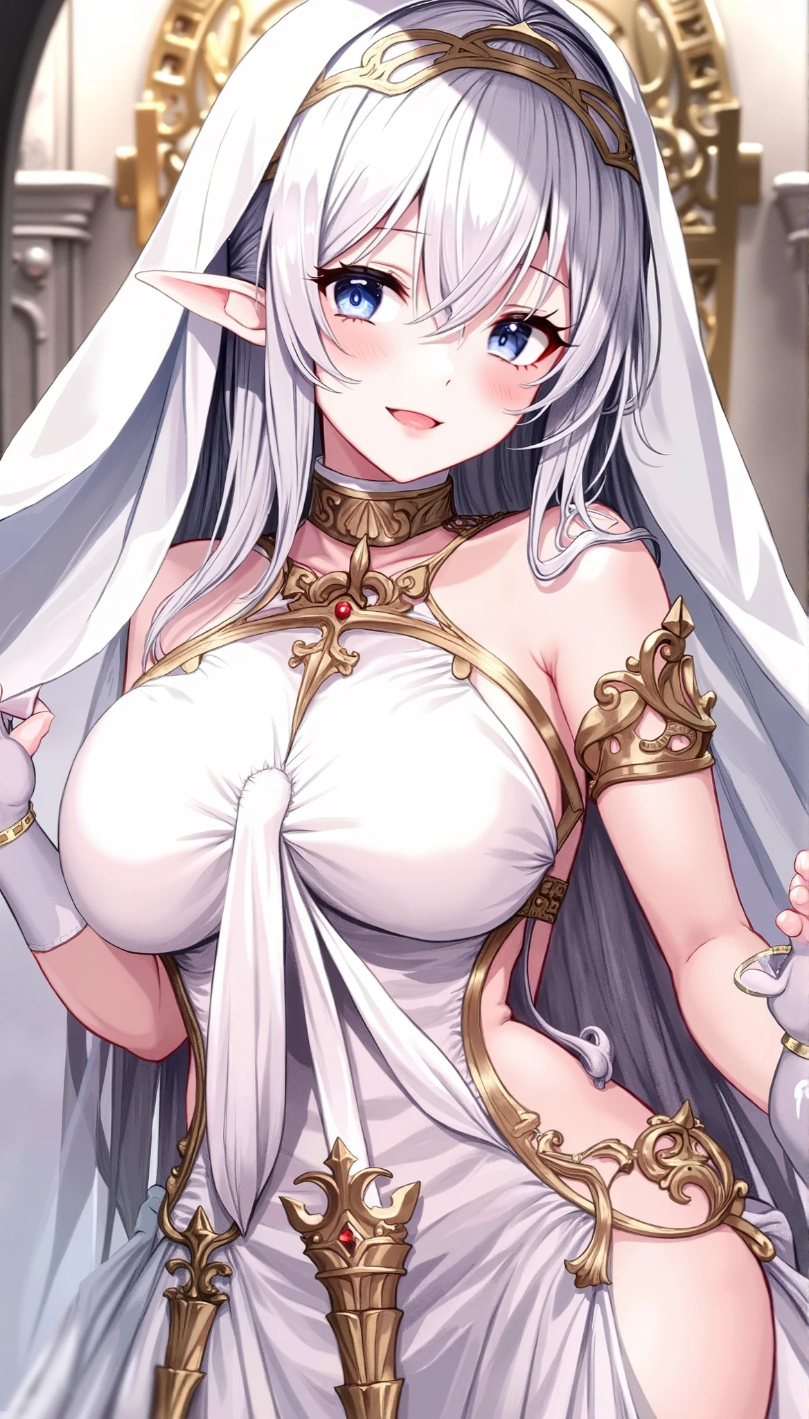 anime girl with big breast posing naked in white dress, royal elegant pose, anime goddess, loli in dress, small curvy loli, a beautiful fantasy empress, ((a beautiful fantasy empress)), thicc, dressed like a cleric, white haired deity, blonde - haired princess, holding a pudica pose, alluring elf princess knight, elf queen