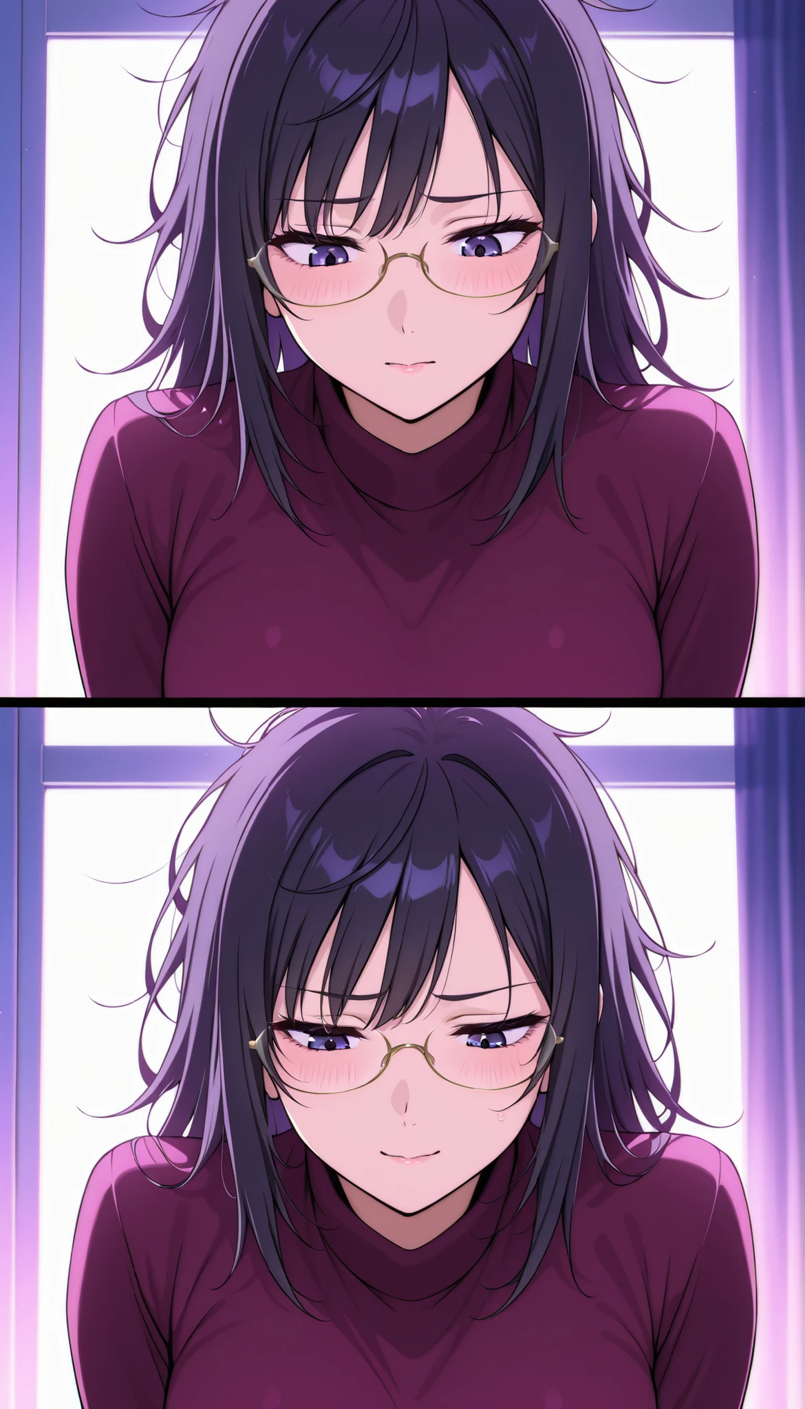 Split image: Left - a shy girl with glasses and messy hair, looking down, plain outfit; Right - same girl without glasses, confident expression, tidy hair, stylish clothes, glowing background, anime style transformation
