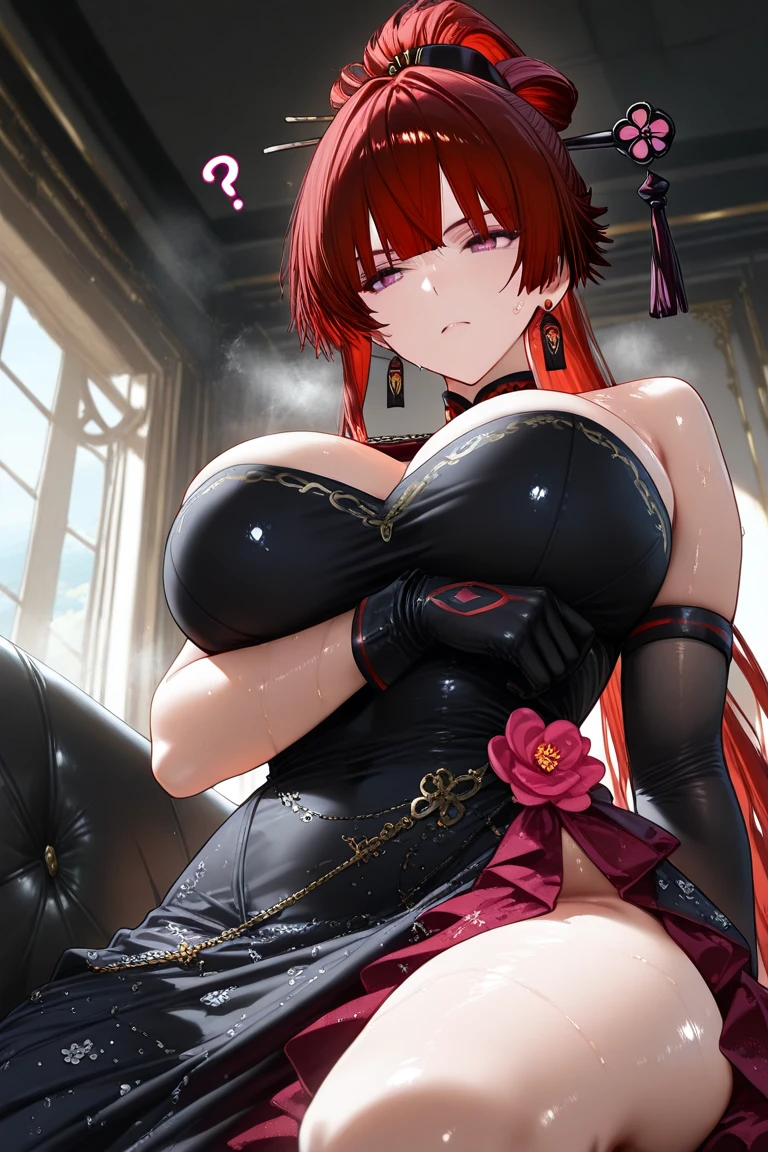 Ranma Saotome, red hair, long hair, twintails, cow horns, THICK THIGH, HUGE BREASTS, O cup, really large breast, extra large breast, gothic ta dress, stockings, gigantic cleavage, city street