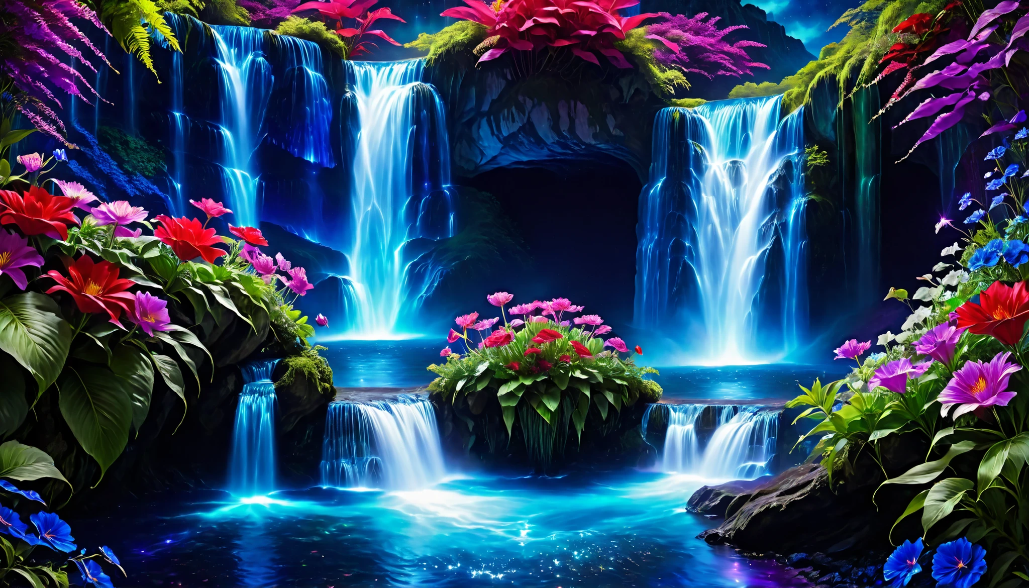Shiny purple |Pink|turquoise green ｜Cobalt Blue｜blue waterfall amongst strange magic flowers, At night, glowing fairy lights , magic, High quality fairyland waterfall, Realistic Water, ripple, 8k,(A mysterious and majestic large waterfall that can be seen behind:1.5),landscape photos of the most beautiful countries in the world,(大きなCobalt Blue,turquoise blue, purple, red, and green flowers are in full bloom:1.5),