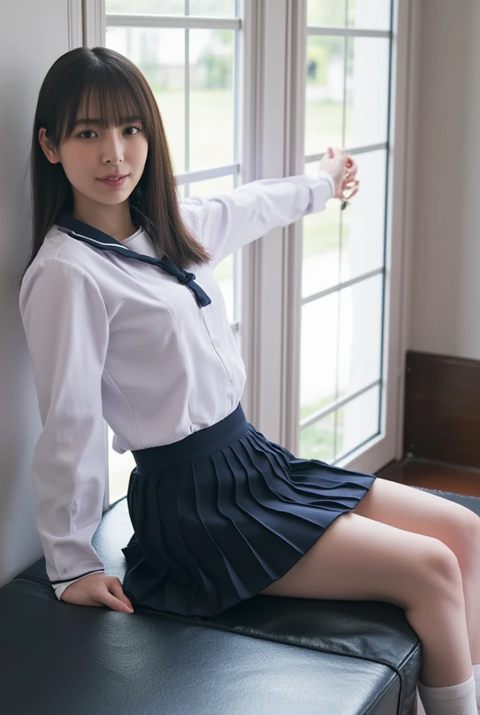 Pure Japanese school girl, sexual attractive, outstanding body, beautiful legs, wearing loose uniform, panty, sweet smile, sitting, refreshing in early summer morning, composition from the front,