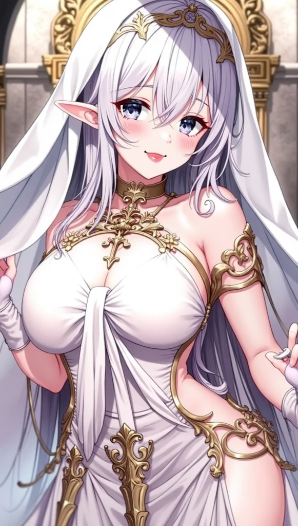 1 girl, game CG, white bride dress, shoulders visible, veil, hair ribbon, gigantic breasts, light purple hair, long hair, french braid, purple eyes, happiness, church,