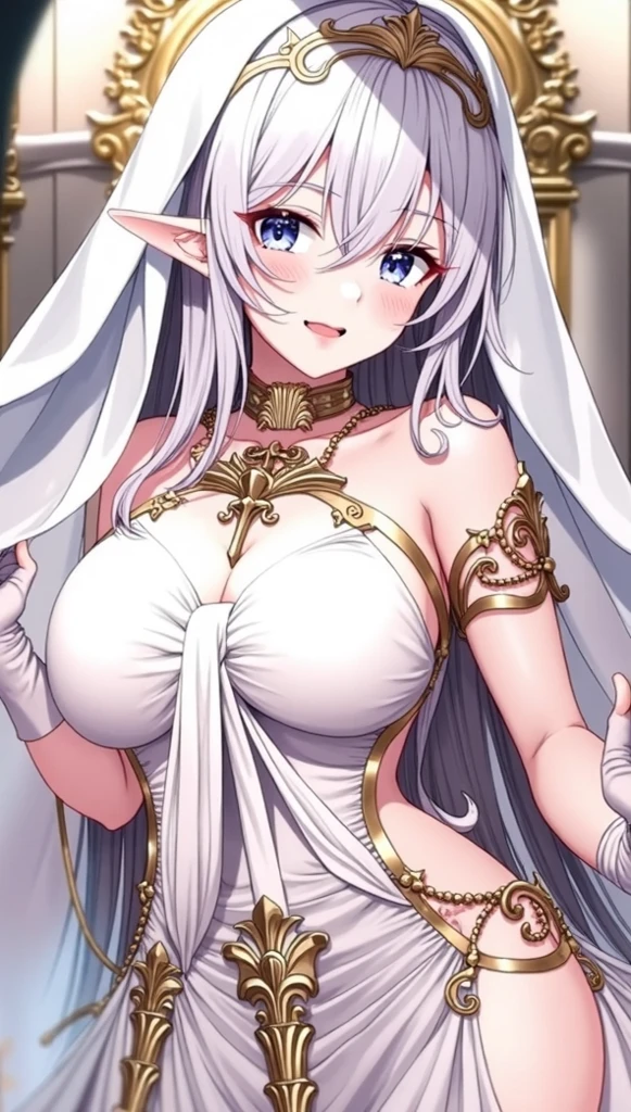 best quality　high resolution　French white-haired married woman in her late 20s　red eyes　bride　black and white cow print wedding bikini　Idol-class cute face　beautiful lips　Harem　No bra　Enchanting huge plump 　naughty look　sea wedding style　A woman who loves H　intense activity at night　breast milk