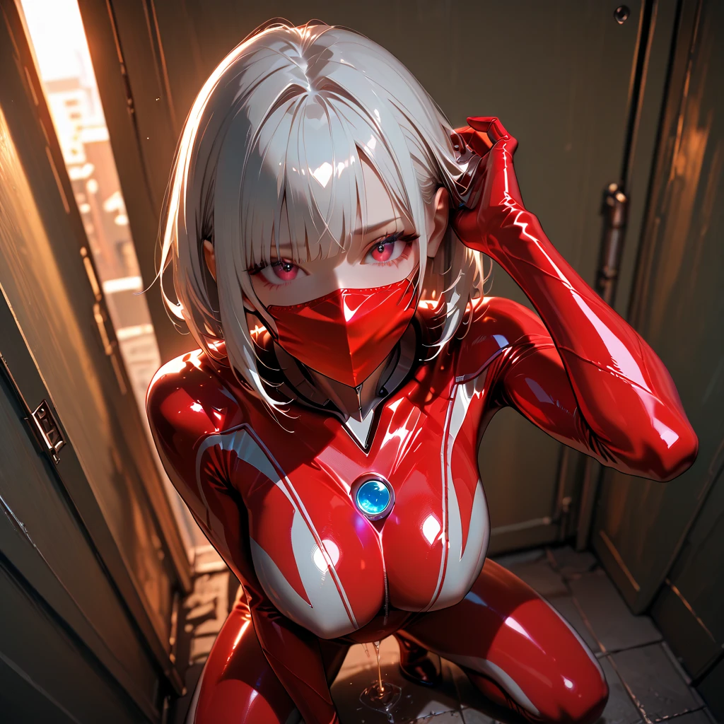 Japanese girl、Close-up of a girl in a red leotard、Red shiny leotard、Black boots、Saiyan Girl, wonderful, Nano Girl, Female body type, Inspired by Hiromu Arakawa, Anime Manga Robot!! Anime Girls, Fubuki, Full Body Suit, by Hiromu Arakawa、wonderful, silk, Beautiful and attractive anime teen, Anime Girls of the future, tears,Drooling,Pee,Sweat,incontinence,Peeing、Estrus、Eyes wide open、Estrus、Blushing、Nipples are erect、Face is hot、Lust、incontinence、My crotch is wet、Crying face、Drooling
