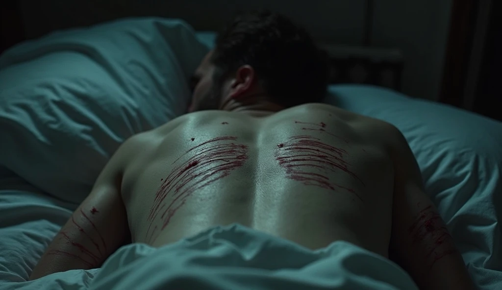Sexy man with surgical gloves and white socks lying on sleeping man in bed 