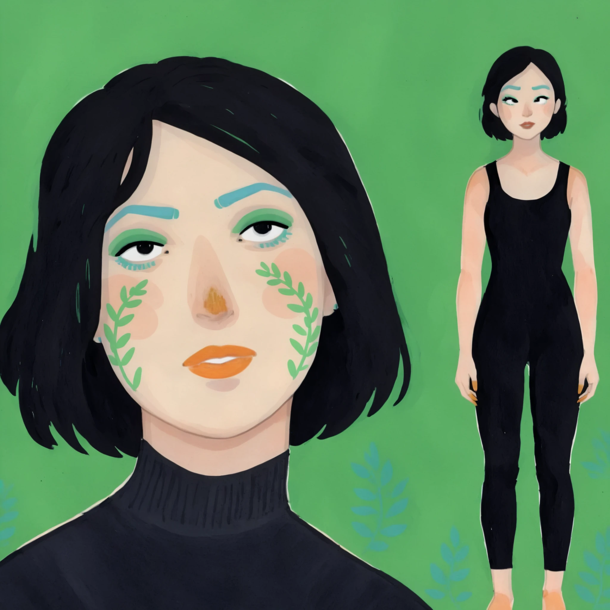 1girl, 2d art, flat colors, full body portrait, black clothes, dynamic poses, simple black eyes, gouache texture, full body portrait, gouache painting, vibrant colors, chiseled features, thick gouache render, novuschroma57 style cartoon, in gougoupaintleaves, FRESHIDEAS Illustration No. 12, Illustration No. 8