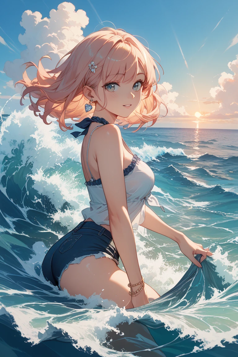 (masterpiece, top quality, best quality,watercolor (medium),official art, beautiful and aesthetic:1.2),(1girl:1.3), (fractal art:1.3),upper body, from side, looking at viewer,patterns,(rainbow color Hair,colorful hair,half blue and half pink hair:1.2),water,liquid, cloud,colorful, starry,stars, --auto