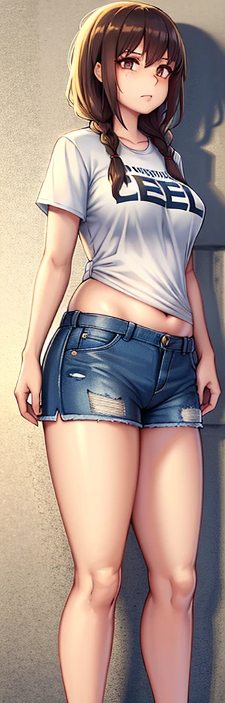 (8K、original photo、Top quality、masterpiece:1.2)、(Realist、Photorealistic:1.37)、Ultra Detailed、Ultra-high resolution、Wearing white navel-baring short-sleeved，Blue denim super shorts，Hourglass figure，Wearing black tactical gloves，sports shoes，blond，Girl with two braids，Close-up of jumping in the snow、Full body close-up，Fighting Stance，Shooting Stance，With a gun，持pistol, pistol，Gun pointing action, Concentrated expression，Aiming the gun，Target your audience，Target your audience，Bullet special effects，Full body close-up，Snowfield background，winter，snow，Explosion effects，Bullet special effects，Smile，White skin、Smooth skin、Extremely beautiful face，Dynamic Angle、Dynamic Lighting
