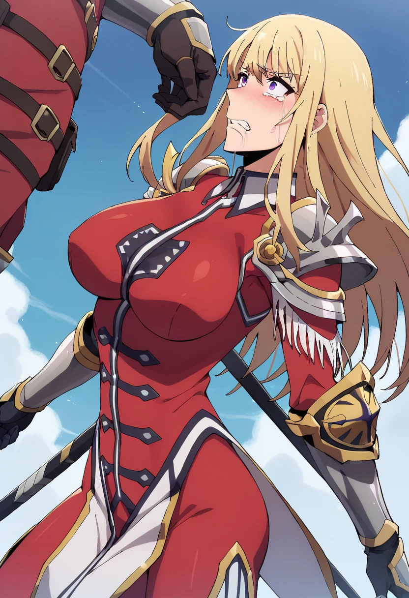 Very detailed、highest quality、Best image quality、masterpiece、8k、Anime Face、A kind smile、Open your mouth、Sparkling blue eyes、(Blonde wavy hair:1.5)、、Muscles of the whole body、camisole、Thigh belt、mini skirt、(Wearing red bikini armor:1.5)、(Cowboy Shot:1.5)、(Leg armor:1.5)、(Wearing a helmet:1.5)