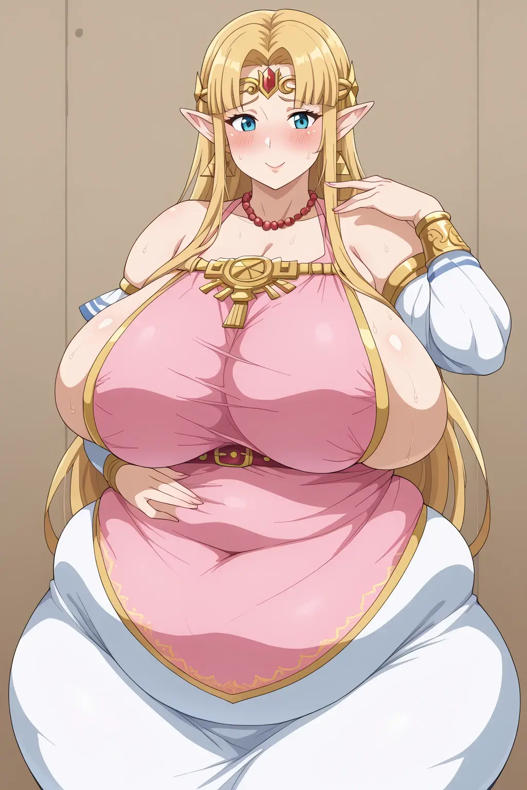 High resolution, Marikawa Shizuoka, 1 girl, ((bimbo))), long blond hair, yellow eyes, puffy lips, thick lips, wide hips, thick thighs, huge ass, enormous huge natural breasts, mature mom, unimpressed face, shiny skin, breasts squeezed together, revealing cleavage, Egyptian goddess, legs, high heels, thick shaggy breasts, full body, arms, hands, Egypt temple, camel toe, worlds most gigantic breasts, arms, picture from the ground,