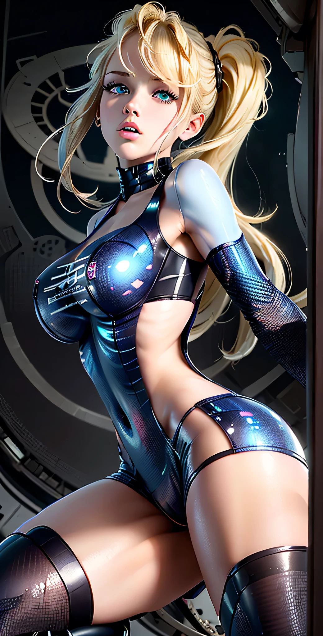 Sexy woman with big breasts and thick thighs wearing a futuristic armor with blue LED wearing white and blue leggings wearing a gamer headset sports glasses black bra