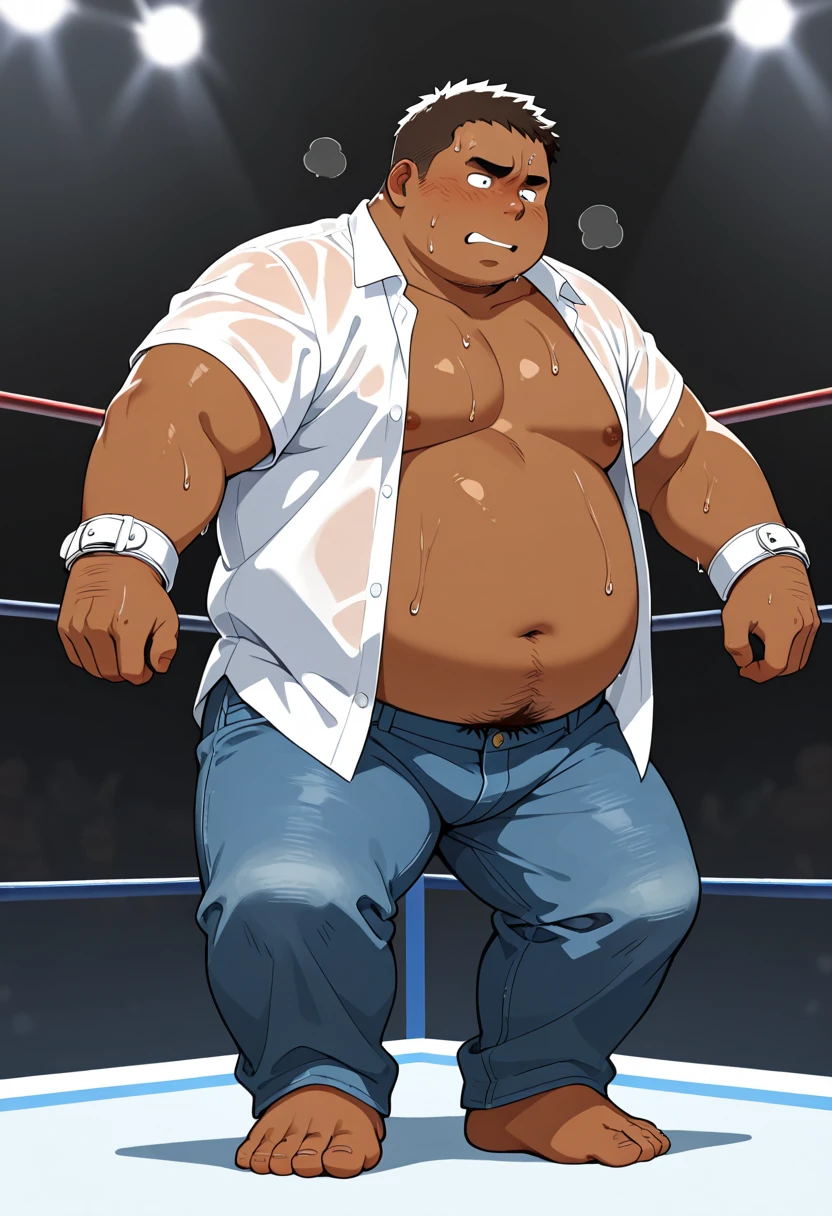 a shirtless 35-year-old stocky chubby thick Japanese rugby player with short hair wearing only white briefs sitting on a bench and wide open legs in a park
