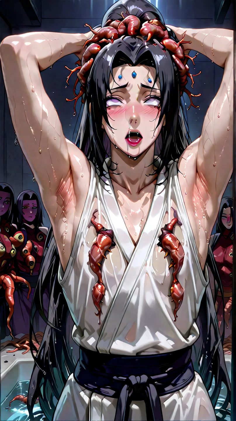 Action Scenes、(Countless tentacles torture a female ninja),((masterpiece,Highest quality:1.3,best quality illustration)), 独奏,1woman,(Mature Japan beauties)、black hair,(low ponytail hair style),long hair,blunt bangs,black eyes,gorgeous eyes,((very small head:1.3)),tears,pain,((very long body:1.2)),medium breasts,(tan skin:1.4), (gleaming skin,toned body,slender body, skinny),(A badly torn black female ninja costume、busted breasts:.1.5,Injury:1.5,nipples,navel、Black mini skirt),kneeling,Collapsed Buildingoonlit Night、Modern Tokyo、nsfw,