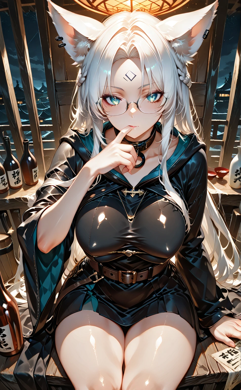 (masterpiece, best quality:1.3), (from below:1.3), Yagokoro Eirin, Touhou Series, perfect face, expressive eyes, 1woman, looking at viewer, 38 years old, gorgeous body, big breast, beautiful, anime, lora,1woman, silver hair, braid hair, nurse cap, red and blue clothes, long skirt, (evil look, looks down on viewer:1.5), (cinematic lighting, realistic, dream-like, enchanting atmosphere:1.3), (photo of a woman in her dark and mysterious environment:1.3), (the woman surrounded by an aura of mystery and intrigue:1.3), (a dark and mysterious laboratory decorated with many flasks, each filled with colorful liquids:2.0), (a table before Eirin decorated with flask, spread out in mysterious shapes:2.0), (she is full of joy in making new discoveries:1.5), (a crystal ball nearby, adding to the mystical setting:1.3), (a hint of incense in the air, adding to the sensory experience:1.3), 