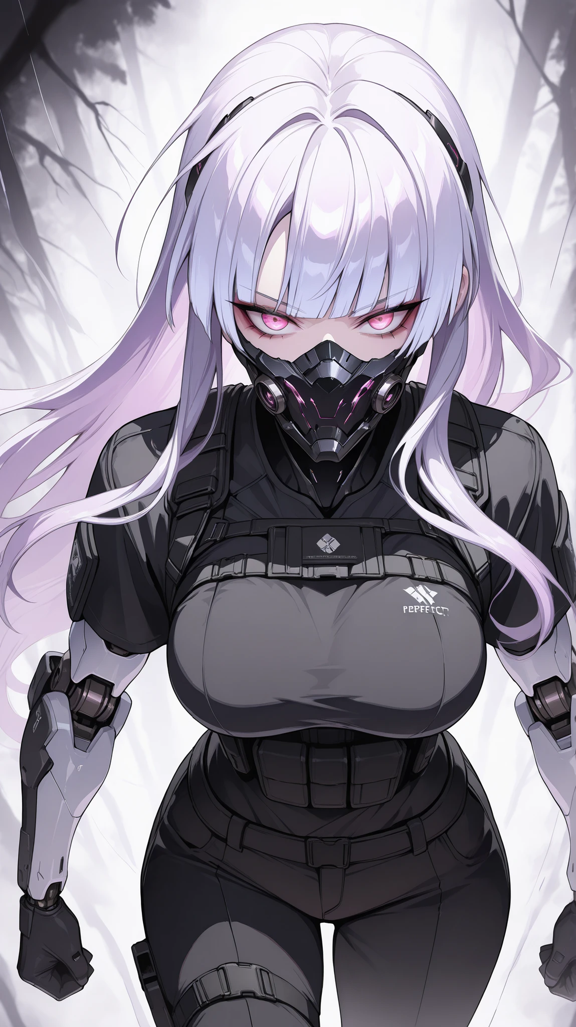 absurdres, (((Ultra HD))), (((Ultra High Quality))), ((hyper detailed)), ((Ultra High Resolution)), (Highly rendered), ((detailed eyes)), (((8K))), ((perfect face)), ((masterpiece)), cinematic, solo, 1girl, thin, pink eyes, purple hair, long hair, blunt bangs, straight hair, black mask, mask, mouth covered, medium breasts, tactical clothes, black shirt, cybernetic arms, robotic arms, wires, black pants forest background