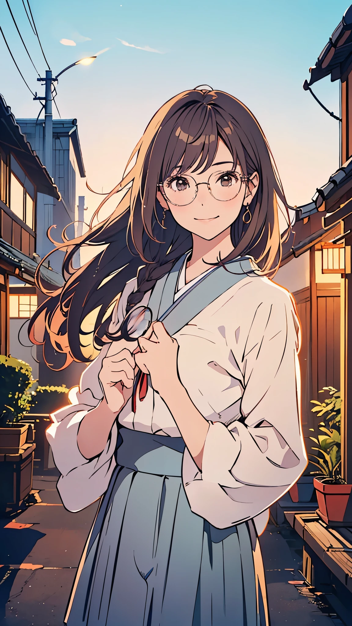 A tsundere girl standing on the rooftop at dusk, gently removing her glasses, soft and sincere smile, wind blowing her long hair, peaceful and emotional atmosphere, Japanese school uniform, warm color palette, cinematic anime lighting