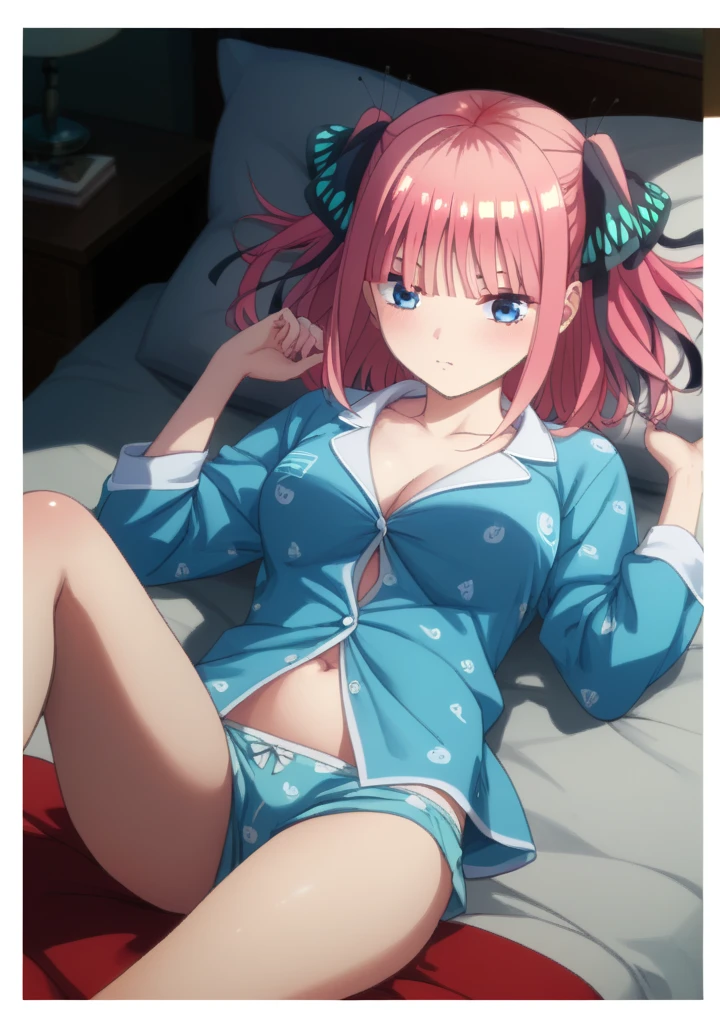 Masterpiece, top quality, high resolution, solo, big breasts, indoors, misaligned bra, thong, (reach: 1.2), lying down, from above, open arms, smile, bed, disheveled underwear, heavy breathing, sexual expression invite