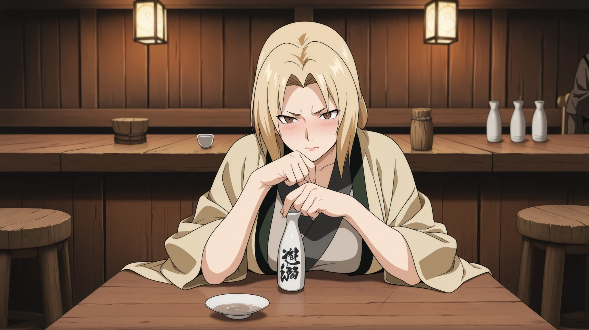 (masterpiece, highest quality, anime style, ultra detailed, 8k, panning shot of Tsunade Senju sitting alone at a table in a quiet tavern, mature woman with long golden blonde hair, wearing simple, slightly worn civilian clothes, no green haori, elbows resting on the table, one hand clutching a small sake cup, half-empty bottle in front of her, eyes staring sternly at the floor, tense and irritable expression, dim paper lanterns casting soft light on rustic wooden interior, empty tables and stools scattered around her, heavy and silent atmosphere, distant cinematic composition emphasizing isolation and suppressed frustration)