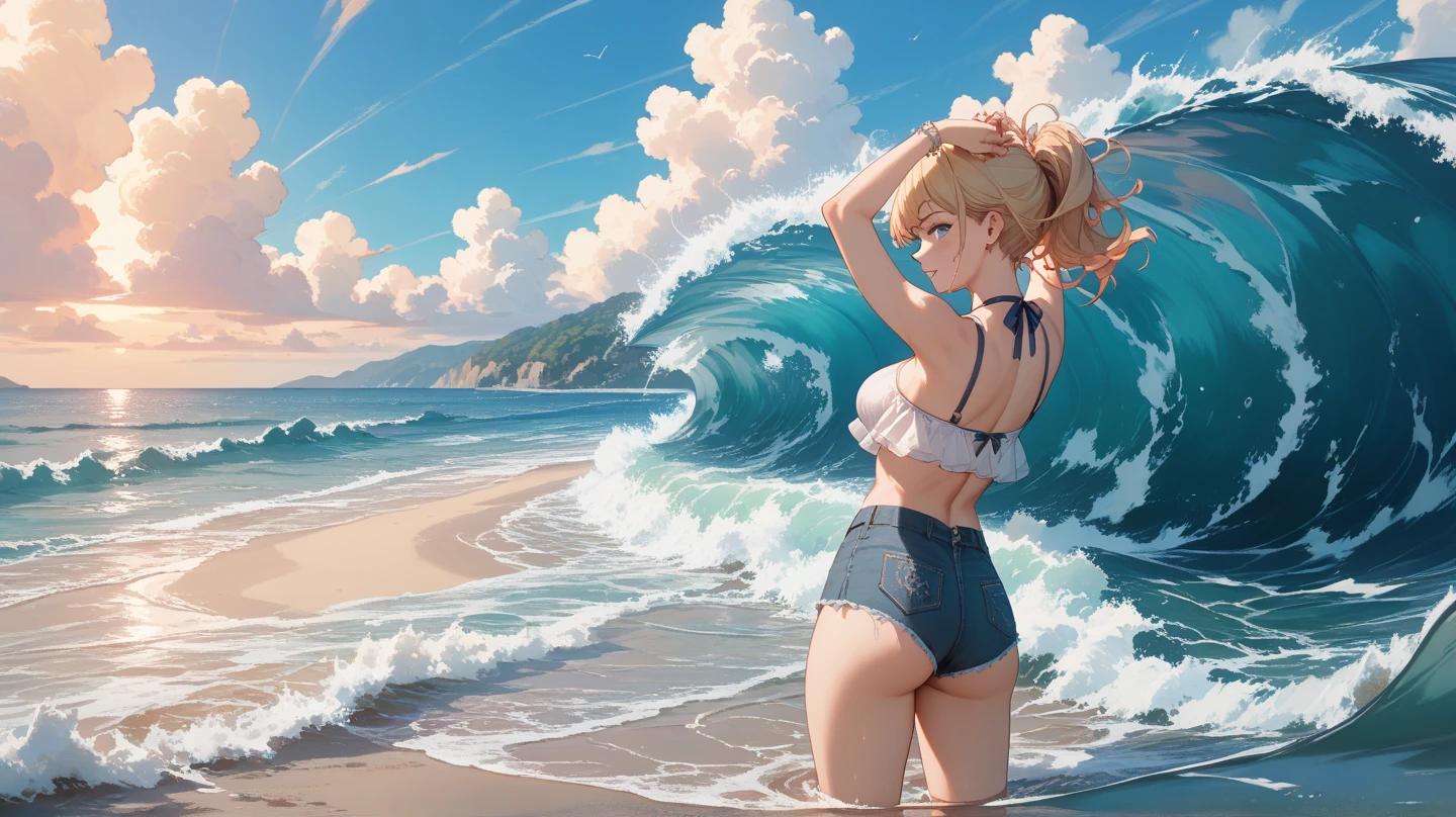 (Masterpiece), (8k size wallpaper), (top quality), caustics, detailed, hyperrealistic photo, photorealistic, beautiful woman in micro bikini by the sea looking back, dynamic and energetic photo, wind, glossy painting, estimated G-cup breasts, full body, cute expression
