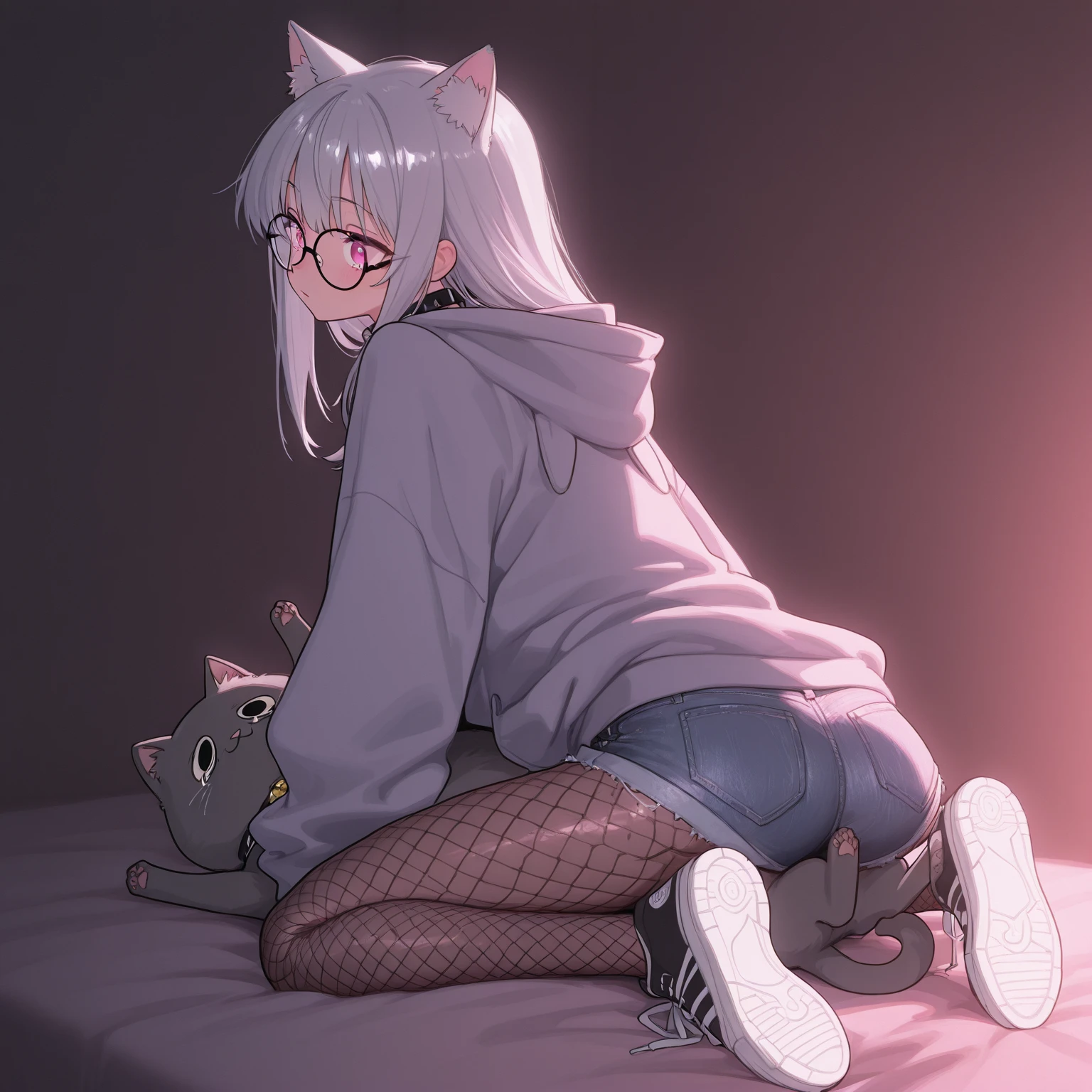 Solo, score_9,score_8_up,score_7_up, a young nerdy Anthro furry wolf woman, white furry body, tall, long black messy hair, hair covering one eye, long bangs, long black hair, blue eyes, black glasses, small breasts, white wolf tail, topless, wearing only black thong, thigh high socks with exposed toes, 4 toes exposed, pink paw pads, bored expression, eyes half open, lying on a bed, lying on her stomach, feet up, holding a Nintendo switch, looking at Nintendo switch, front view, 