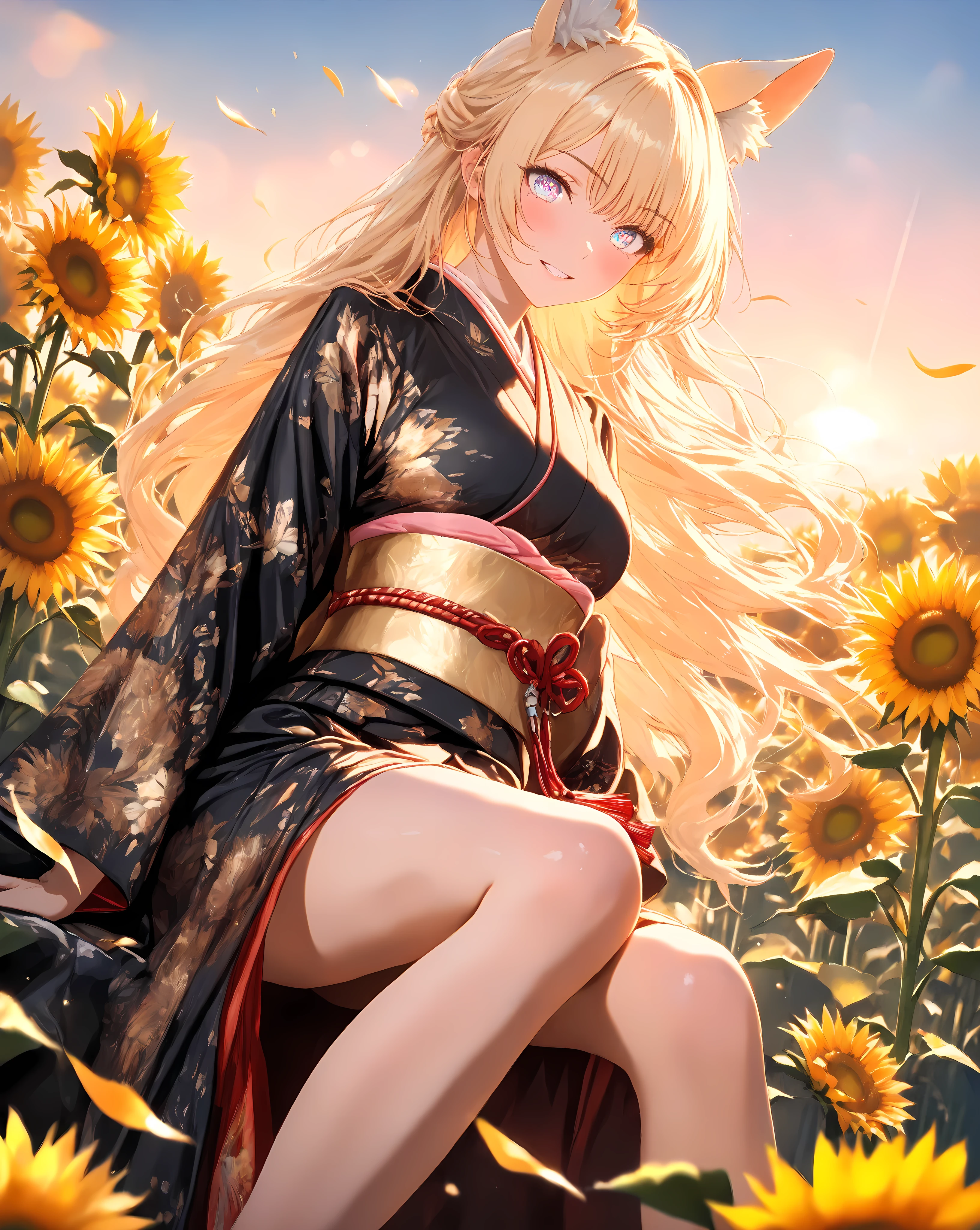 Quality: 
(high score), (masterpiece, detailed:1.2), (ultra-detailed), (ultra-quality), (super-resolution),

Art Style: 
(photorealistic):1.4, (2.5D):1.5, (golden hour lighting):1.6, (warm cinematic lighting):1.5, (volumetric light rays):1.4, ray tracing, depth of field, (vibrant sunset pastel palette):1.3, dramatic angle, (ethereal atmosphere):1.2, (dreamy aesthetic):1.1

Subject:
(Breathtaking fox Woman):1.5,(Sassy pose):1.2,(triumphant-grin):1.4,(determined expression), (delicate fox ears):1.3,(delicate fox tail):1.3,
(delicate vivid eyes),(delicate and moisturized lips),(smooth and Slender body lines):1.3, (translucent and moisturized skin), (graceful knee lines), (natural and beautiful leg lines), (delicate body contours),
(blonde hair with Soft Light):1.2, shimmering with digital light, meticulously detailed strands of hair, silky smooth texture, flowing like it flutters in the wind, natural shading and highlights

Outfit:
(black kimono with gold floral patterns):1.6, (soft chiffon kimono fabric):1.4, (golden obiage):1.3, (red obijime):1.3, (wide golden fukuro obi with floral pattern):1.4, (traditional zori sandals)
(kimono with floral patterns),
wide obi with string accents,
kimono with draped sleeves,
subtle red accents on the kimono lining/collar,
thin red ribbon in hair

Background : 
(Sunset gradient sky):1.5, (warm orange to golden yellow gradient), (soft pastel colors), (field of sunflowers in the foreground):1.4, (sunflowers facing the sunset), (detailed sunflower petals and stems), (bokeh effect on sunflowers):1.3, (shallow depth of field), (distant rolling hills):1.2, (softly blurred background), (golden hour lighting):1.6, (warm and soft light), (lens flare), (subtle rays of sunlight):1.1, (dust particles in the air),
(iridescent butterfly (soft glowing trails left by butterflies)