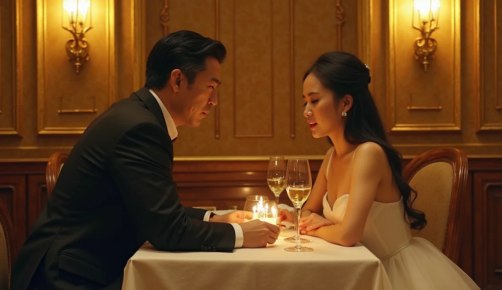"In an exclusive lounge, dimly lit with soft jazz playing, Masaki Tanaka, age 58, a well-respected business tycoon, in a tête-à-tête with a beautiful hostess, age 22, plush velvet upholstery and mahogany setting, in a photorealistic image, cinematic style, Masaki in a perfectly tailored suit, relaxed yet commanding posture, arm around the hostess's slender waist, sharp eyes reflecting golden light, sharing a private joke, hostess in a figure-hugging dress, leaning into Masaki, atmosphere electrifying with charisma, clink of glasses, shared laughter, mutual attraction, intimate yet public setting, 50mm lens, warm and intimate lighting, high resolution 8K, capturing the essence of sophisticated flirtation and elite lifestyle (cinematic style:1.4), (sophisticated flirtation:1.3), (elite lifestyle:1.2)"