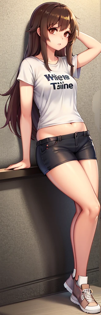 A beautiful adult woman with shoulder-length long hair, big breasts, beautiful legs, and a sharp face stands with her legs spread apart and an erotic expression wearing a black tube top that exposes her navel and black hot pants shaped like panties. I have。