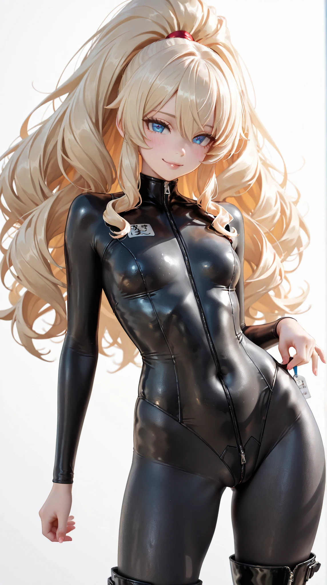 anime latex suit woman. blond hair, full black latex skin tight bodysuit.