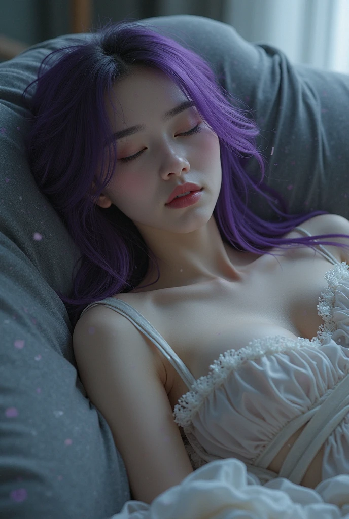 Purple hair girl lying on bed with head on pillow, photorealistic girl rendering, Guweiz style artwork, realistic 3D, trending in CGSTATION, Guweiz. Soft lighting