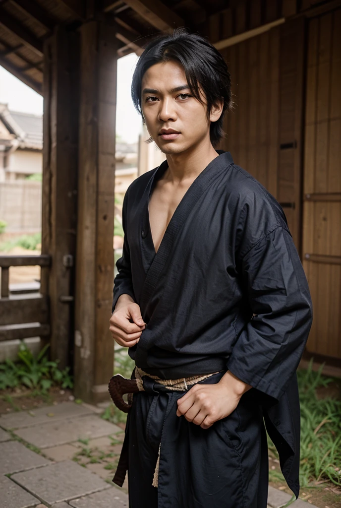 1boy, Sasuke, a man with a sword in his hand, purple skirt, wearing SSK_outfit, posing for a photo, exposed left shoulder, abdomen, tattoo, dynamic pose, (masterpiece:1.4),(best quality:1.4),(bright skin), realistic, background of east asian architecture, looking at the viewer, looking at the viewer, masterpiece, highly detailed, 8K, stunning, hdr, subsurface scattering,  global lighting, cinematic lighting, sunlight, realism, hyper-realistic, best quality, high resolution, (RAW photo: 1.2 ), (photorealistic:1.2),(masterpiece:1.4), illustration, art station, Alembert Oclusion, SSAO, Bokeh, Cinematic, Depth of Field, DOF, Vignette, Anti-Aliasing art by sakimichan , (sakimi-style:0.7), (nixeu_soft:0.2)