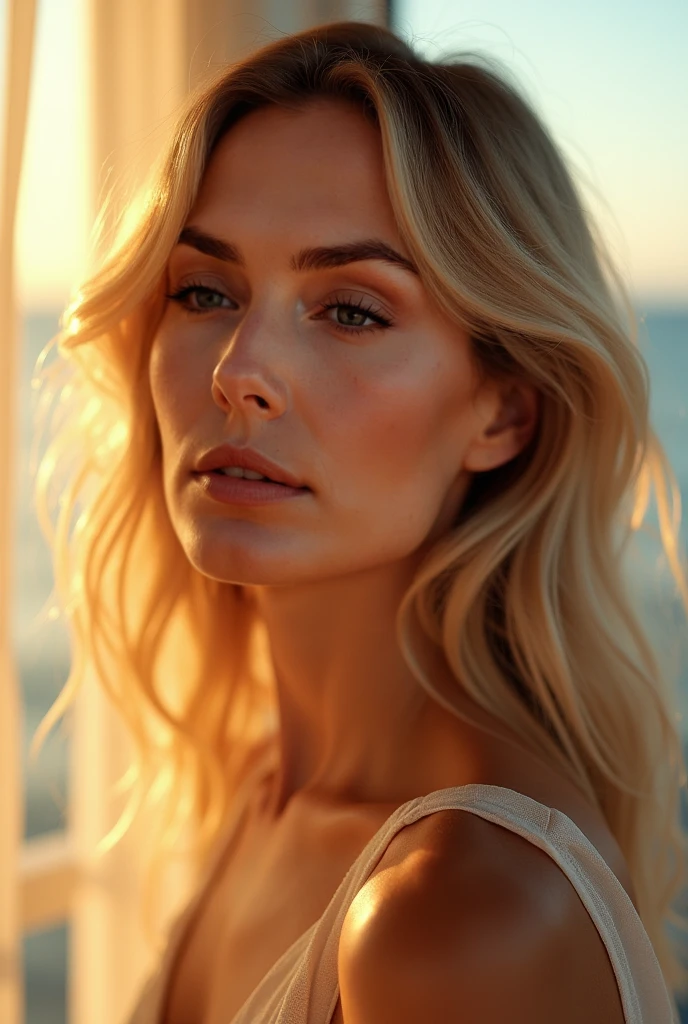 belle fille caucasienne blonde au cheveux court, cheveux court , fille europe , 25 ans , sans lunette , photoreallistic, photo, master piece, Realstic, realism, photorealism, high contrast, digital art , cveveux court(8k, photo RAW, of the highest quality) profondeur de champ, bokeh, 8K, HDR, cinematic rendering, un portrait blonde , framing from the navel, dressed in a bikini , au bord d'une piscine,cutscene, faded colors, en sourdine couleurs, film granuleux, lut, crazy details, intricate high detail, hyperdetailed, coucher de soleil, shyness, seduction, romantisme, looks at the camera lens lovingly, pas de main visible