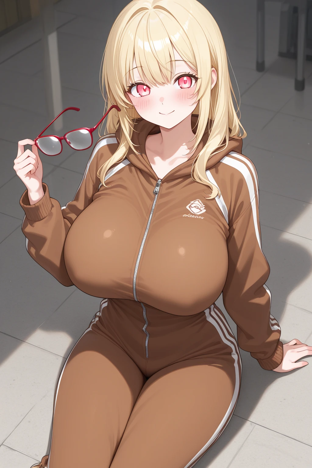 40 year old girl, masterpiece, best quality, blonde punk hair bangs, ponytail, hair tie, red hoodie, tight black yoga pants, athletic curves, tight, medium breasts, looking at viewer, cowboy shot , (best quality, ultra detailed, photorealistic: 1.39), bright and vibrant colors, studio lighting, romantic expression, cute seductive girl pose, in a gym