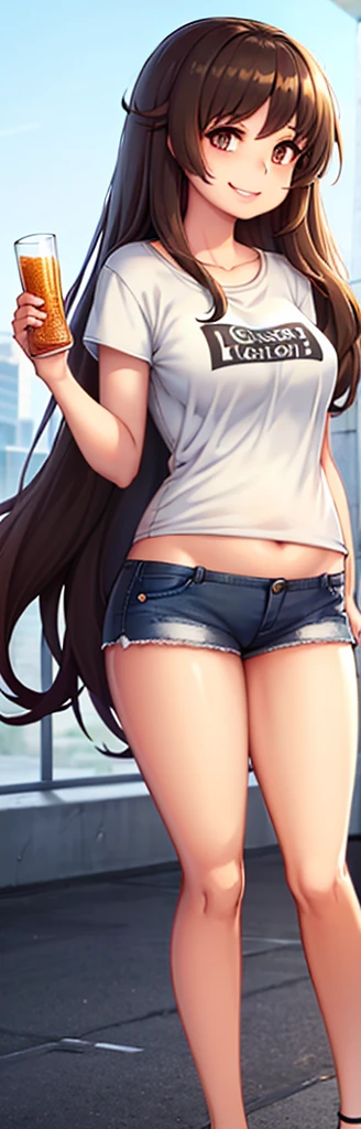 create a female character model, with long black hair, a white shirt, short shorts and shoes, manga style