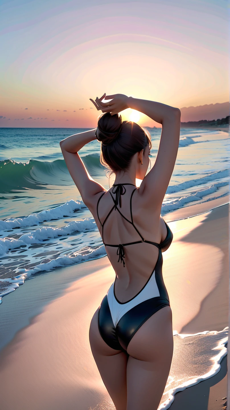 8K, masterpiece, RAW Photos, Highest quality, Realistic, Very detailed, Depth of written boundary, Cinematic Light, Anatomically correct body,
One sexy and beautiful mature woman,
Black Bob Cut Very Short Hair, Very beautiful face, Exquisitely detailed face, Glamorous Body,
Transparent white skin, Very detailed肌の質感, Beautiful and big breasts, Shapely ass, Firm thighs,
White High Leg Retard Swimsuit, Detailed cloth texture, Gorgeous necklace, Gorgeous earrings,
Starry sky background, Dark sandy beach at night, Pitch black sea surface,
Beautiful back view,