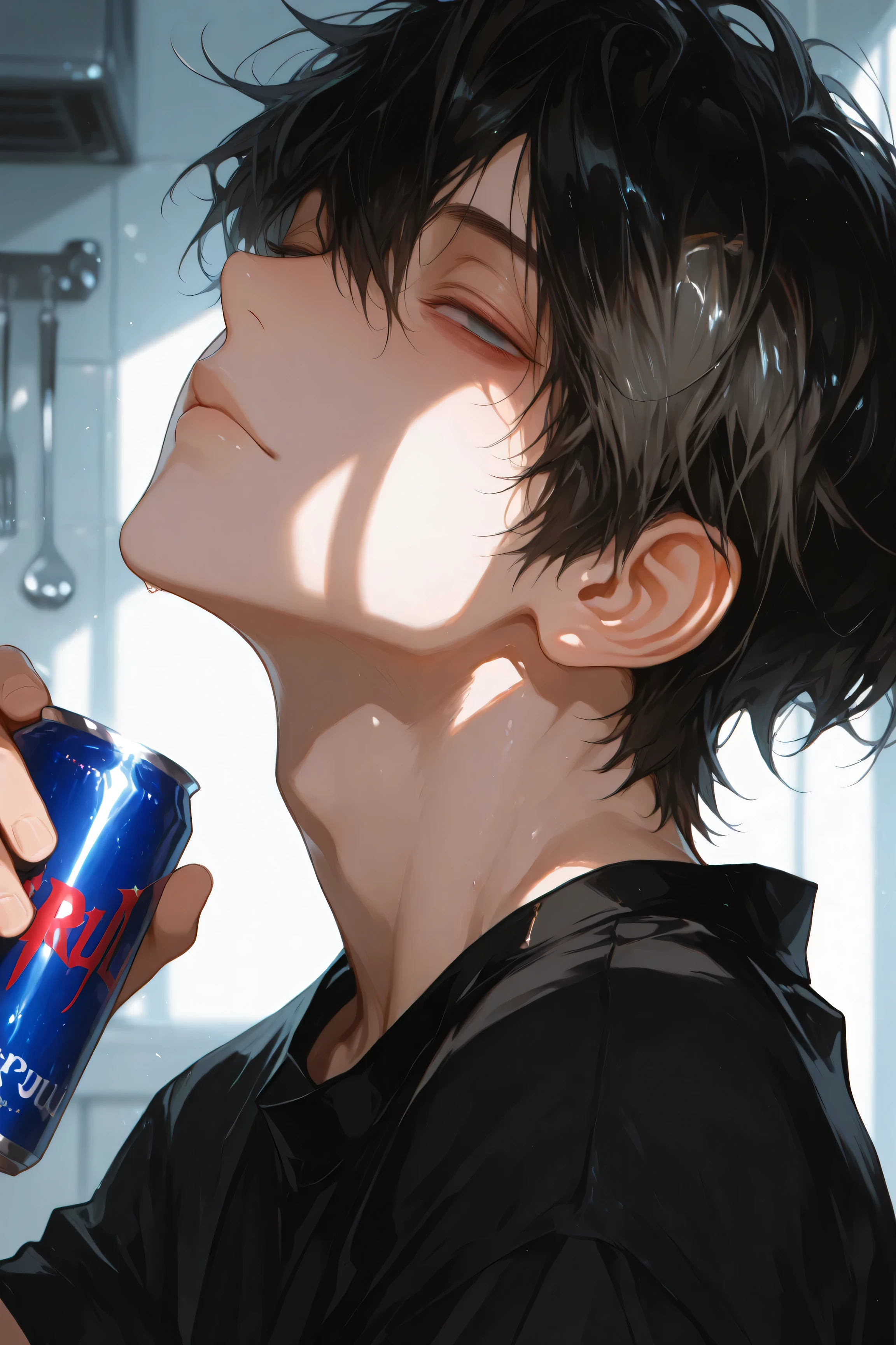 face, portrait, face focus, from side, cold expression, looking at viewer, holding Red Bull, closed mouth, 1boy, (femboy), mature, stiff posture, solo, pale, eyebags, ((light blue eyes)), black hair, messy hair, short hair, loose black shirt, blank shirt, (((detailed eyes,))) masterpiece, best quality, cinematic lighting, highly detailed, details, ultra quality, HDR, 8k, lazypos, amazing composition, dim lighting, kitchen background,