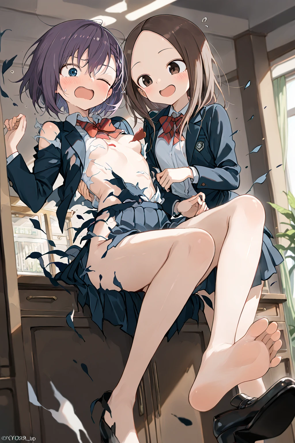 (masterpiece, Highest quality), (((Perfect Anatomy, Anatomically correct))), ((1 Girl)), Long hair, ((Braiding))、Blunt bangs, Light brown hair, happiness, Green Eyes, hair ornaments, School_uniform, short_Dispel, just_feet, blue sky, window, Front view, Insights,The body is slim, Compresses on the chest, ((Beige cardigan,Green pleated skirt、Blue Neck Ribbon、White knee-high socks)),Pastel colored pantiesが見えている、((Pastel colored panties))、((Shiny panties))、((Normal location:1.4))、(((Straddle))),((feetを開いて座らされた…))、((orgasm:1.6)),((((M-shaped legs:1.1))),((Lift up your shirt:1.5)),((Showing off your bra)),(((Lace bra))),Award-winning bra designs、Random Color Bra、((((M-shaped legs:1.1)))、((orgasm:1.3)),((((M-shaped legs:1.1))),(((Sex with a man))),(Vagina Penis),Erotic atmosphere,Stupid,shortness of breath:1.6,((Pussy juice:1.3))