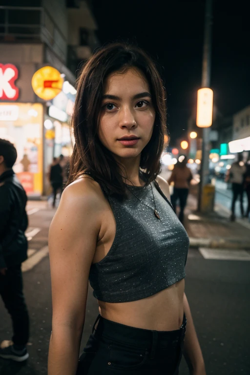 Em uma cena cinematográfica e hiper-realista, Xochitl Gomez, at night, short straight black hair, fit body, normal fit legs, she's 35 years old