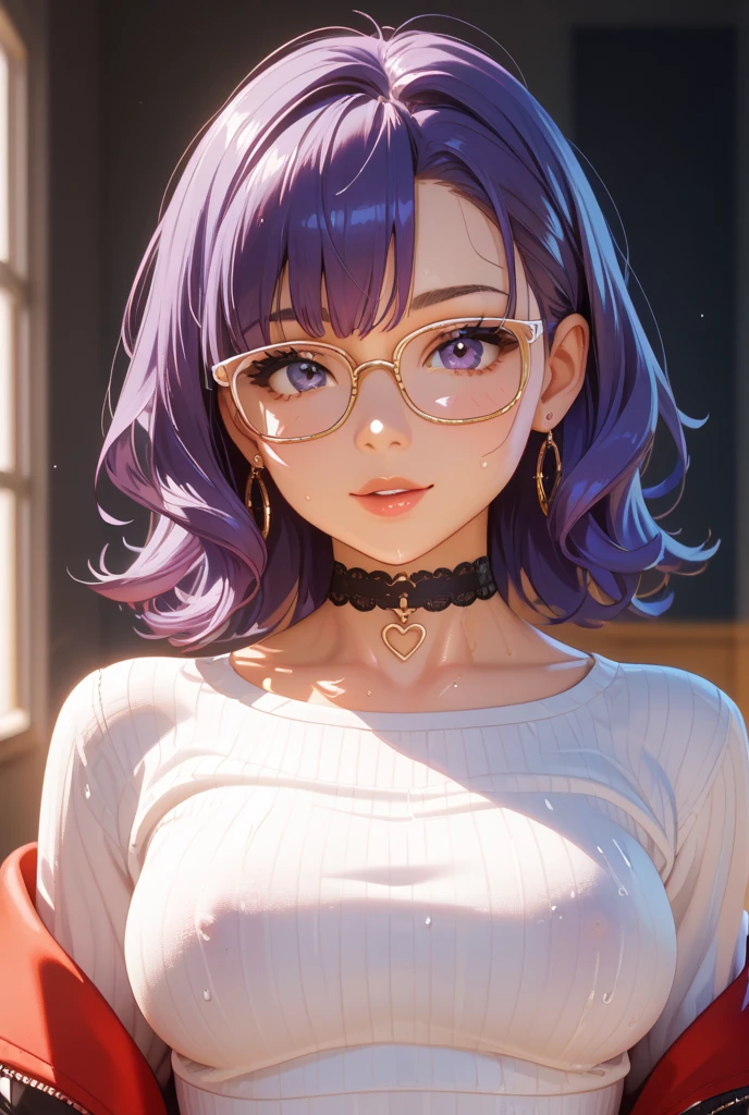 (Masterpiece), (8K size wallpaper), (best picture quality), Caustics,Small breasts、 Detiled, American Adulterous Wife Gravure Specialized Top Model Private, knit clothing, loose knit sweater, bewitching, gravure pose, glasses, 20s virgin face, bra flashing, bra slightly visible from sweater collar, bending forward, fully clothed