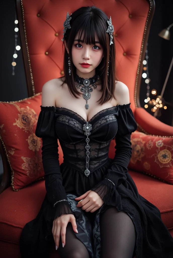 Baroque, Gothicta, cute, One person, alone, whole body, Black sofa, Black Dress, Absurd, White lace, High resolution, Super detailed, Most detailed, Red lips