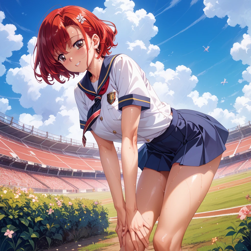 absurdres, highres,
BREAK
cowboy shot, (from front:1.5)
BREAK
(vivid-color:1.3)
BREAK
(one girl:1.3), (loli:1.2), red hair, blue eyes, tennis uniform, hairclip, earrings, jewelry, nm1, hair ribbon, short hair, tennis cosplay, (pleated super short skirt:1.4), (thighs:1.3), (large ass:1.3), large breasts, (smile face:1.3), open mouth, (breast:1.3), ass, round eyes, (blowing in the wind:0.5), sweat around girl, dripping sweat, squall (wind:1.2), (running while holding a tennis racket:1.5), sense of speed, refreshing breeze, motion blur effect, wind
BREAK
background is (tennis court:1.3), (Stand in the center of the screen:1.3), (10,000 people spectators:1.3), blue sky with clouds, outdoors, (magnificent panorama view:1.2), wind
BREAK
sunlight, magnificent view, rainbow in the sky, light particles, dynamic angle, dutch angle, perspective
BREAK
(daytime, sunbeam:1.2), depth of field, bokeh, light leaks, (chromatic aberration:1.2), noon
BREAK
