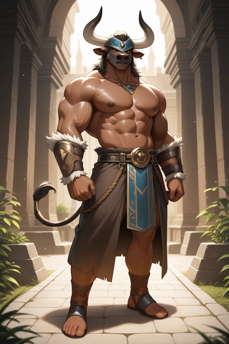 Muscular barbarian, partially upper body, lower body uncovered from thighs to feet, bearded with beads, long flowing curls, intricate muscular details, photorealistic artwork, 4K quality. Background: Dense jungle with ancient ruins,32k uhd, best quality, masterpiece, super detail, high details