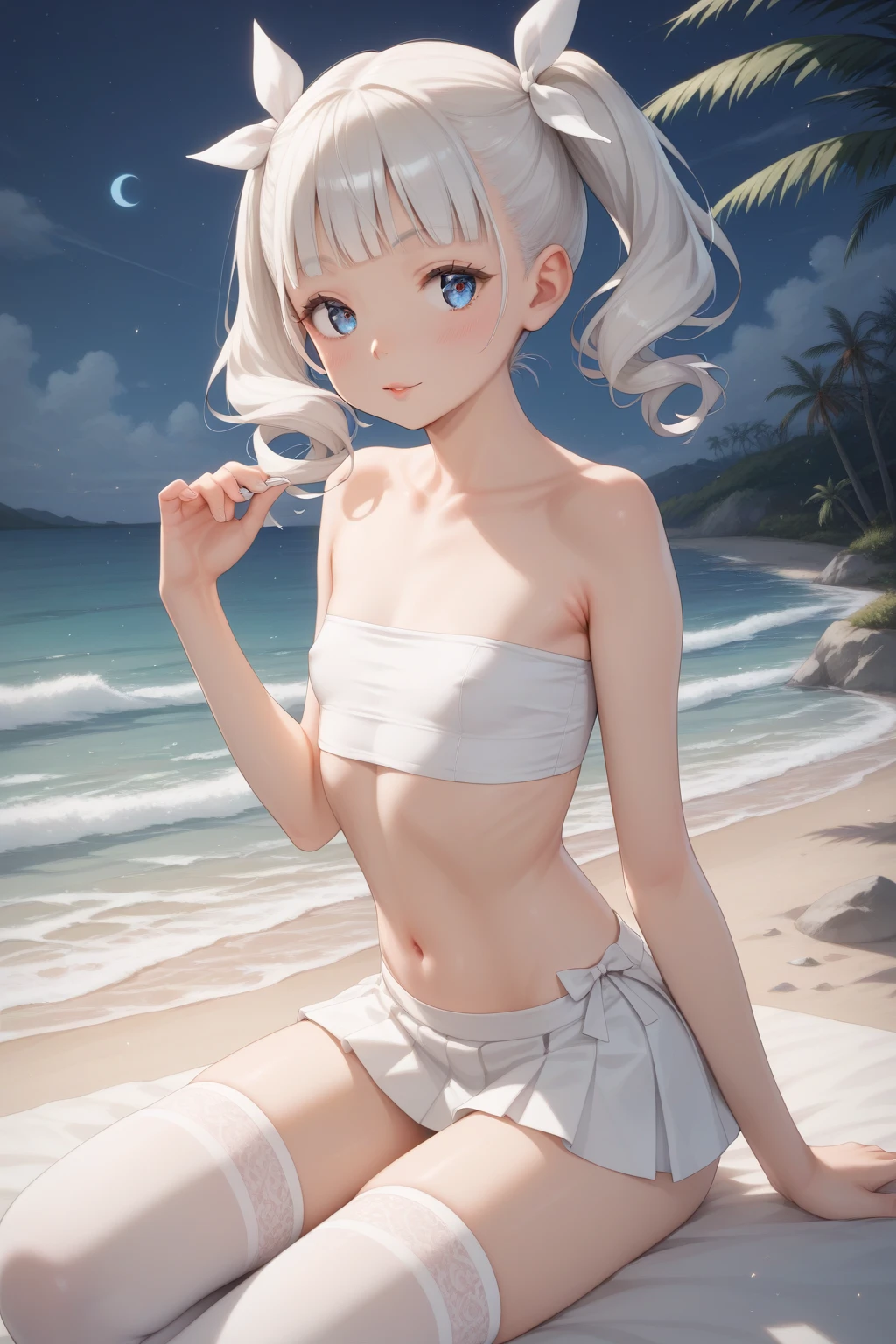 8k, highest quality, masterpiece, Wallpapers by Unity 8k, (One Girl) , 17 years old、 Perfect detail, (Best lighting) , (非常にComplexディテール)、 1girl, Silver Hair、Round eyes、Very detailed, Complex、Flat Chest、 smile、Cowboy Shot、Micro Bikini、Ocean、blue sky