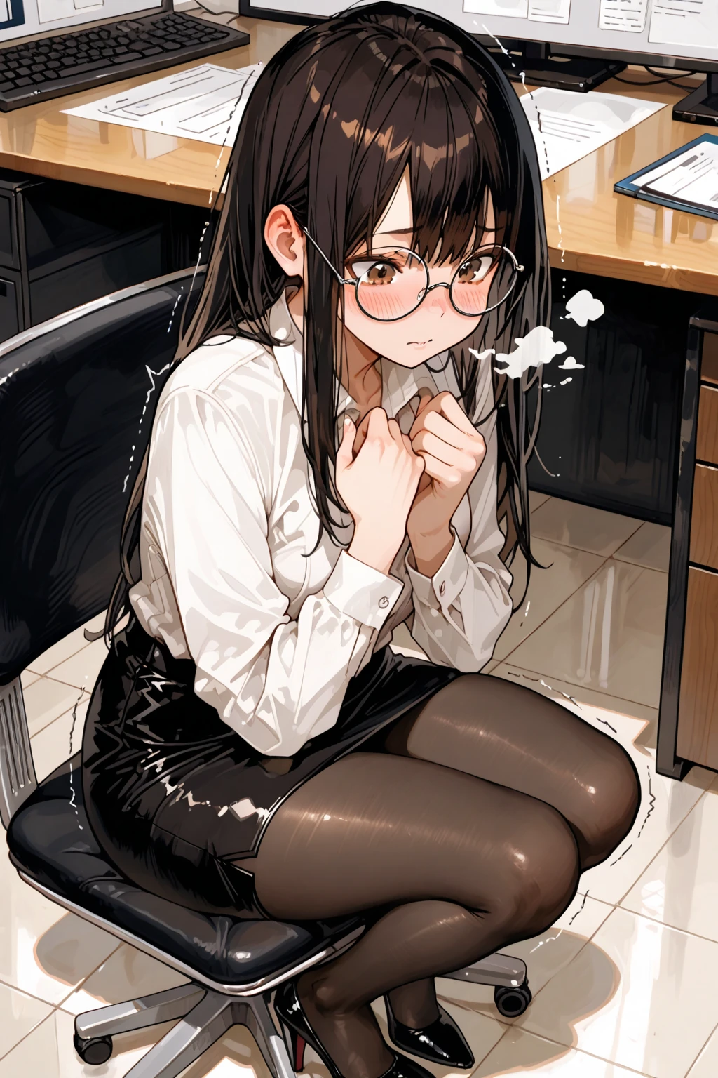 nsfw, (masterpiece, top quality, best quality, highly detailed:1.6), extremely detailed CG unity 8k wallpaper, strong facial expression, (at midnight), night, at dawn, (sharp eye:1.2), (scowl:1.1), (embarrassed, blush:1.3), (steam:1.8), (wet:1.2), (sweat:1.1), (trembling:1.3), (open mouth, wavy mouth:1.4), (harf open eyes:1.5), (feeling weak:1.5), (shoot from front, looking at viewer:1.2), (leaning forward,close knees, hands between legs, pee running down legs:2), (((clutching crotch))), (office building, high rise building corridor), skyscraper, (1 woman in the office room, indoor, business suit, Formal shirt, eye wear, earrings:1.5), under-rim glasses, ((suit, Pencil Skirt)), tight skirt, high-heels, (long hair, low ponytail, brown hair, pubic hair, Brown:1.5), (woman trembling with sexual climax:1.5), colorful, full body, wide shot, perfect composition, urination, incontinence, piss, peeing self, (((pee stream))), (pee puddle), wetting herself, pee stain, large breasts, Yellow pee, ((leaking pee)), puddle of pee, Pee at your feet, Pee spread on the floor, Pee stains, Dripping pee between my legs, Feet wet from pee, Pee-covered feet, Pee at your feet, want to pee, about to pee, Full bladder, Pee-soaked skirt, Pee-soaked high-heels, natural makeup, A pair of partially removed panties is hanging around one of her ankles,