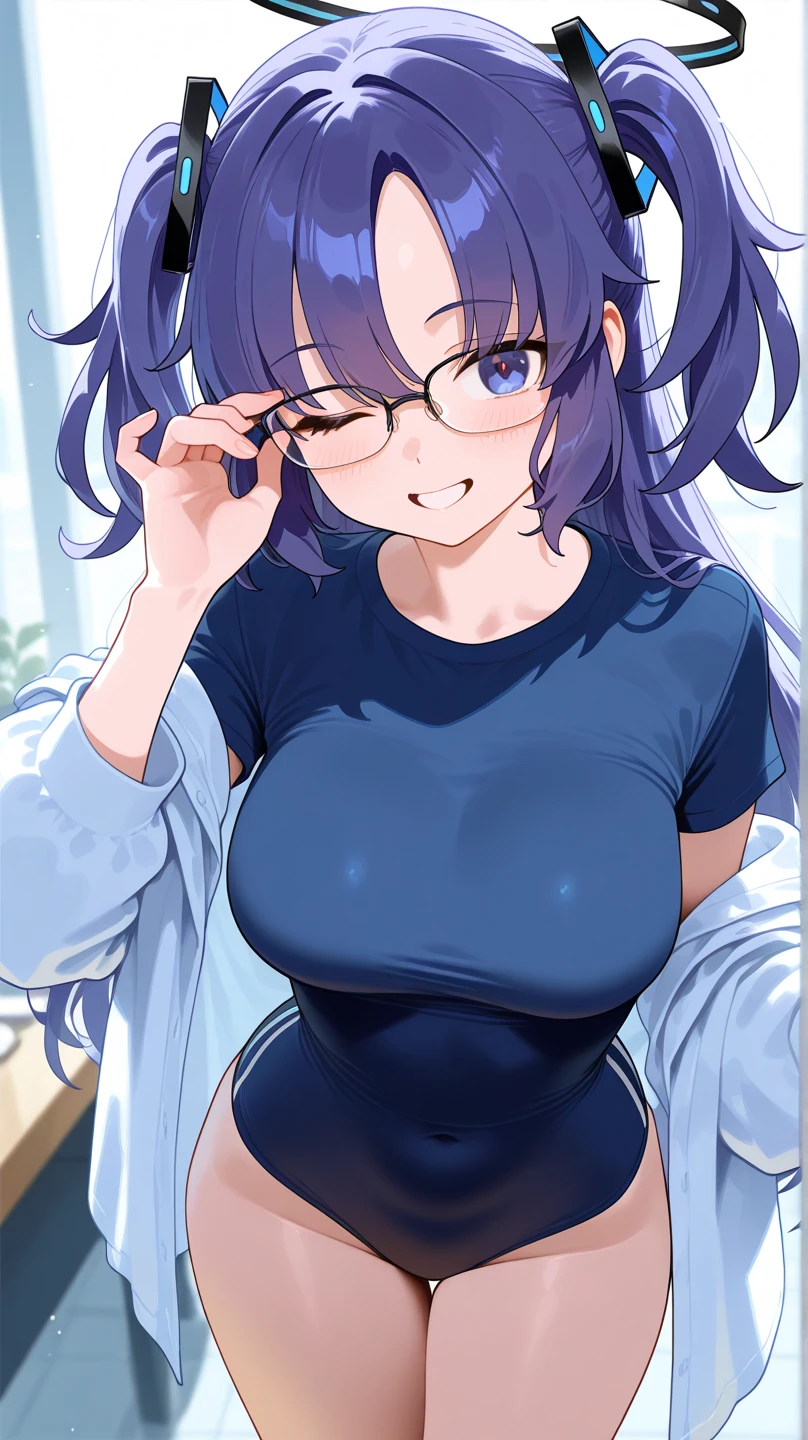 twin short braids, Blue and yellow gradation hair, Blue eyes, 1 girl, orgasm, glasses, demon tail, medium breasts, nude, nsfw, expressionless, pussy juice, masturbation, vibrator