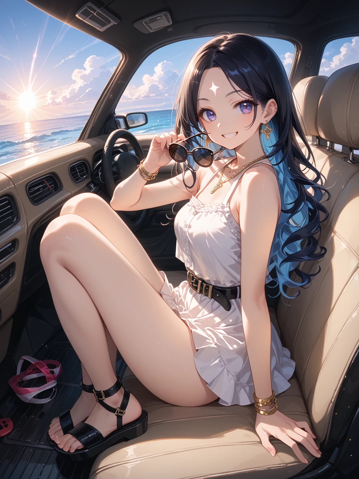 Nera、Hair Ribbon、Earrings、chest、Sash、(Highest quality、masterpiece、RAW Photos、Super detailed:1.2)、1 girl、小さなchest, Sitting, Hands behind back, Upper Body, Turn your body forward, hot, Sweating a lot, Wipe away sweat, looking at the camera, Ocean, On the cruiser, Angry