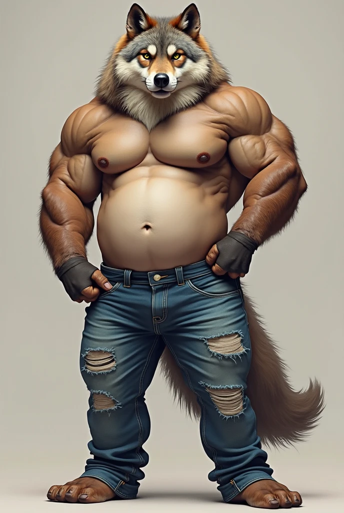 Create a detailed illustration of a muscular, gray anthropomorphic wolf. The wolf should have realistic facial features, with piercing eyes and alert ears. Its body should be robust and muscular, with long, flowing hair on the head and chest areas. Dress the wolf in an open sleeveless shirt, revealing his muscular abdomen, and pants with a large belt with a metal buckle. Add some scar details to the wolf's body to increase the sense of bravery. Use a neutral background to highlight the wolf figure. The wolf pose should convey strength and confidence, similar to the image provided. 